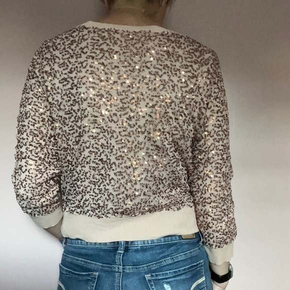 AMERICAN EAGLE OUTFITTERS Rose Gold Sequin Cardigan 3/4 Sleeve Medium Sweater - Picture 5 of 12